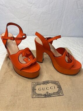 Gucci Women's Wood & Leather Orange Platform Heel Sandals with Dustbag
